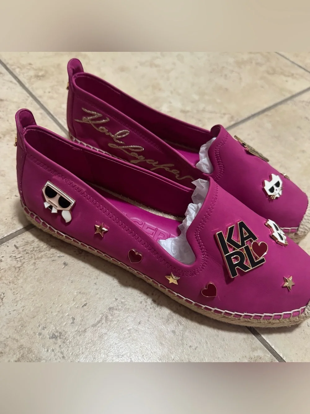 Karl Lagerfeld Fuchsia Slip-On Espadrilles with Enamel Charms